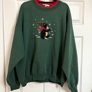 Vintage 90s Pleasant Shade Women’s Green Christmas Bear Sweatshirt Cottagecore